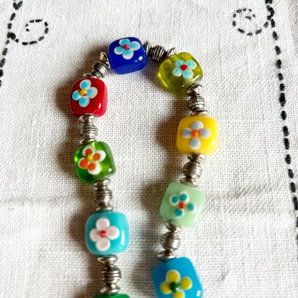 Colorful Square Flower Glass Beaded Bracelet 925 Sterling Clasp - Picture 3 of 11